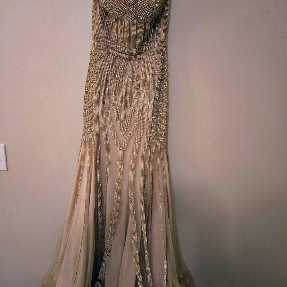 Andrea & Leo Gold Beaded Crystal Embellished Evening Strapless Gown Size 6 - Picture 6 of 13